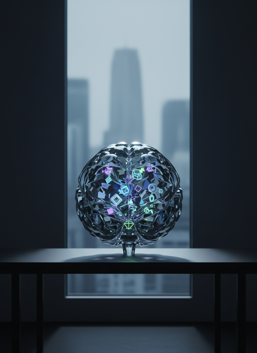 A large, transparent glass brain rendered with intricate, faceted surfaces sits at the center of a minimalist black desk, its interior filled with suspended, glowing geometric shapes symbolizing organized thought and behavior patterns. Behind it, a thin, vertical frosted glass panel hints at a corporate skyline in extreme blur. A strong, directional spotlight from the right creates crisp, angular shadows across the desk and causes sharp reflections within the glass brain. Photographic realism with high contrast and a cool, desaturated color palette reinforces a bold, analytical atmosphere. Framed in centered composition at eye level, the foreground is in perfect focus while the background recedes into soft darkness, conveying psychological clarity applied to organizational strategy.