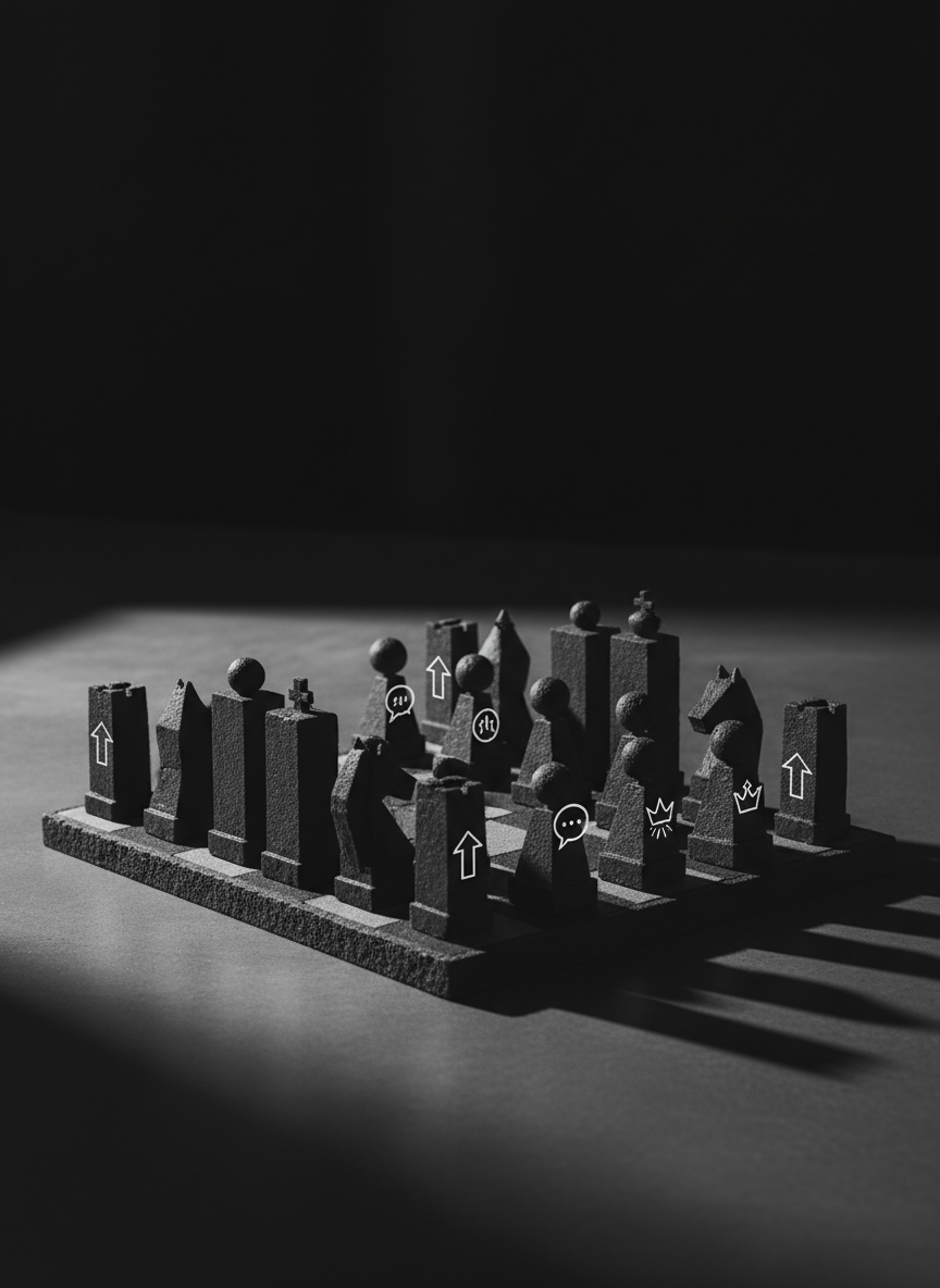 A sleek, matte-black chessboard made of stone-like composite material, each piece replaced by minimalist geometric forms labeled with crisp white icons for strategy, communication, and leadership. The board rests on a flawless charcoal concrete surface against a nearly black, unfocused backdrop. A single hard key light from the upper left carves out sharp, high-contrast shadows that extend dramatically to the right, emphasizing precision and bold decision-making. Shot at a slightly elevated three-quarter angle with photographic realism and a shallow depth of field so the front pieces are razor sharp and the background melts into darkness. The mood is assertive and intellectually intense, reflecting psychological strategy in business with a clean, modern, high-impact aesthetic.