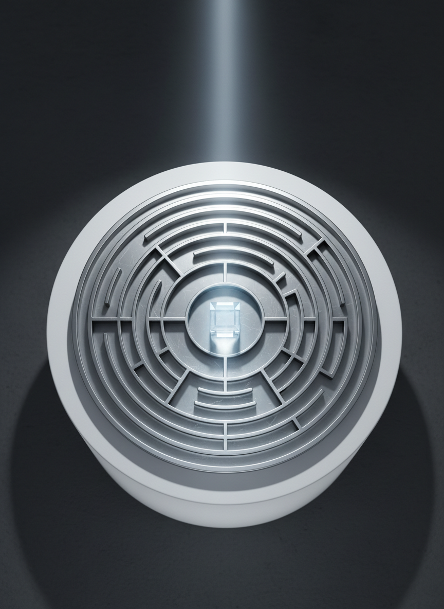 A polished, metallic maze in the shape of a perfect circle sits on a stark white pedestal, its pathways cleanly carved and gleaming against a deep charcoal background. At the center of the maze rests a small, faceted crystal cube glowing faintly from within, symbolizing psychological clarity. A narrow, high-intensity spotlight from above and slightly behind creates crisp, concentric shadows radiating from the maze onto the pedestal and backdrop, amplifying a sense of focus and direction. Photographic realism with a minimalist, high-impact composition, framed symmetrically from directly above to reveal the complete maze pattern. The mood is decisive and authoritative, evoking structured problem-solving in complex business environments.