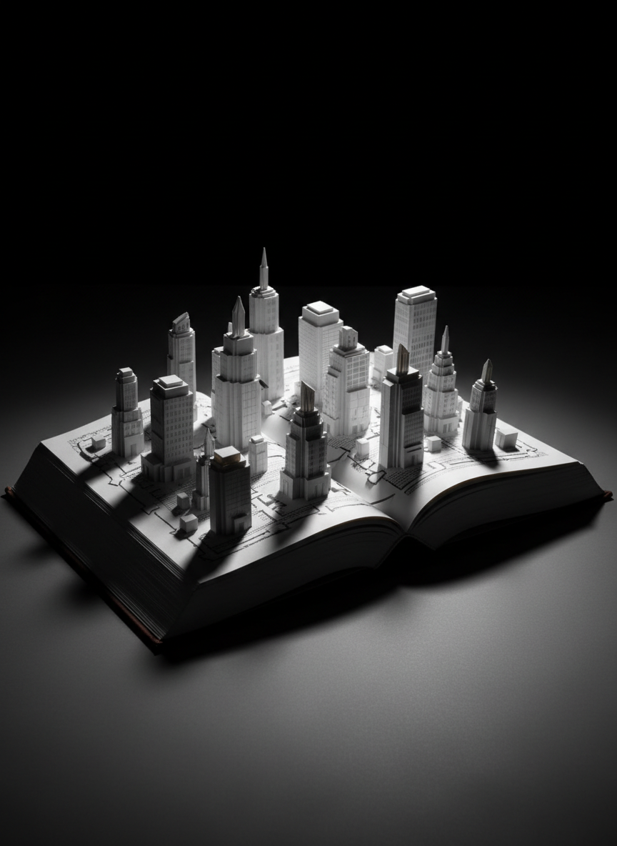 An open, oversized hardcover book with thick, textured white pages lies flat on a matte charcoal tabletop, its pages transformed into a three-dimensional cityscape of abstract office buildings formed from folded paper. Tiny cut-out arrows and pathways weave between the structures, representing organizational dynamics and decision flows. A concentrated, high-contrast light from the left edge of the frame creates crisp, architectural shadows that accentuate the paper folds and pathways, while the background fades to solid black. Shot from a slightly elevated angle with sharp focus on the central paper city and a gentle falloff toward the edges, in photographic realism. The atmosphere is bold and conceptual, illustrating how psychological insight rewrites the architecture of organizations.