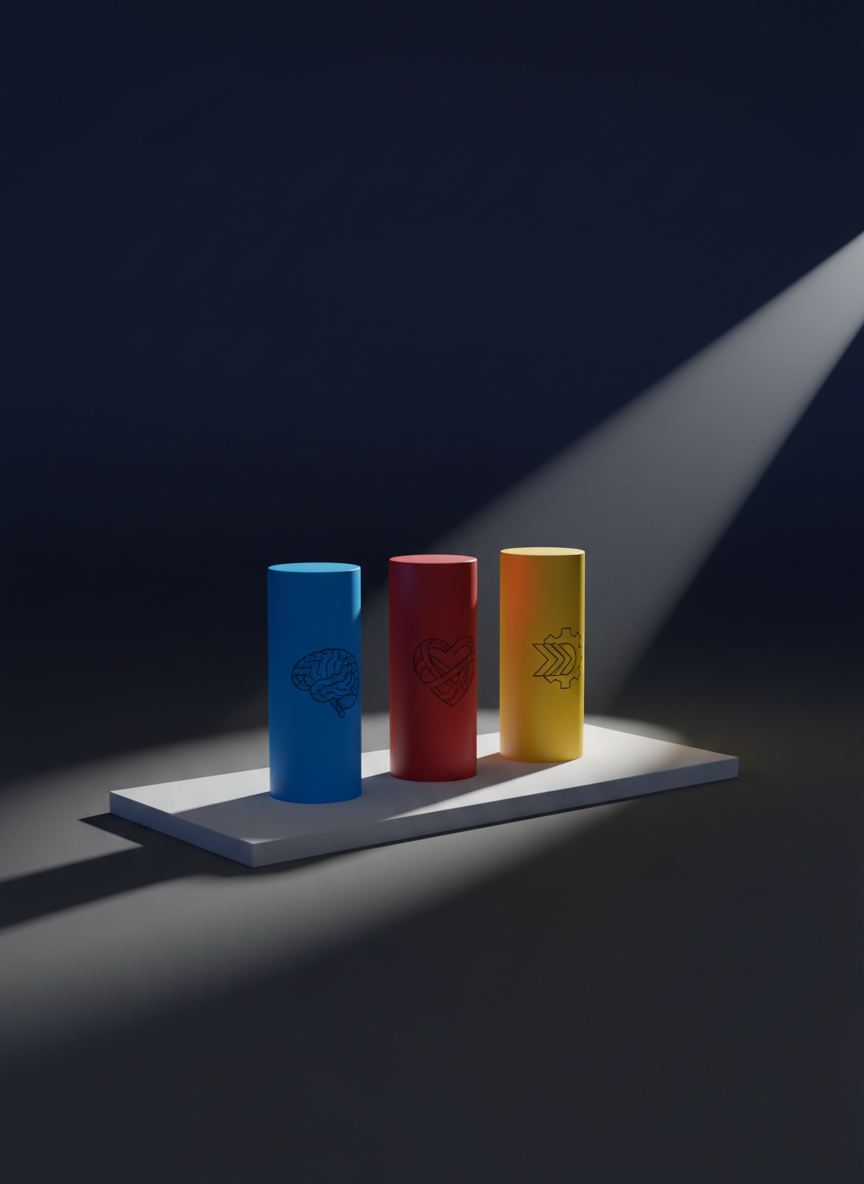A perfectly aligned set of three tall, matte cylinders in bold primary colors—electric blue, deep red, and vibrant yellow—stands on a smooth, light-gray platform, each cylinder etched with subtle symbols for cognition, emotion, and behavior. The platform floats in a vast, dark gradient space with no visible walls. A tight beam of white studio light from the upper right cuts across the scene, casting long, razor-sharp shadows that stretch diagonally, giving the objects a commanding presence. Photographic realism with minimalist design, captured from a low-angle perspective to make the cylinders feel monumental. The mood is confident and structured, echoing evidence-based psychological frameworks for business and organizational impact.